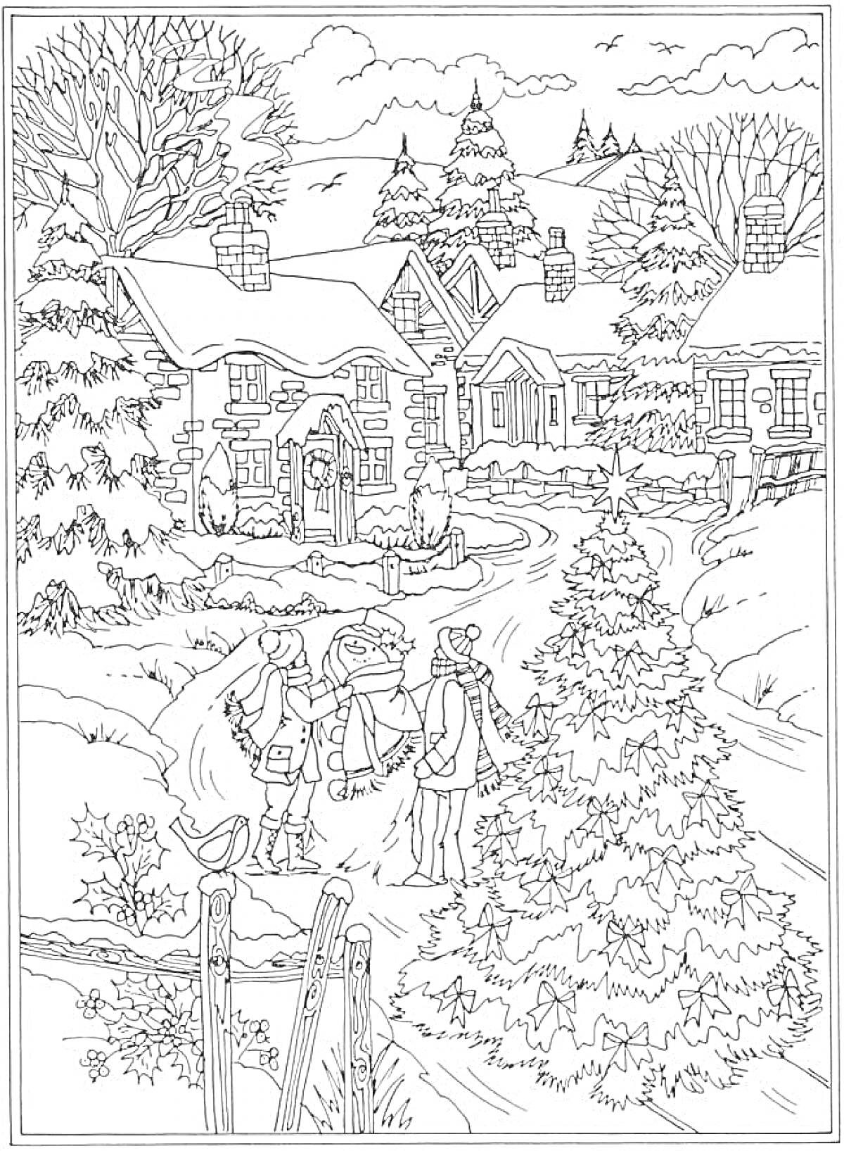 Раскраска Зимняя сцена с домами, елкой и людьми