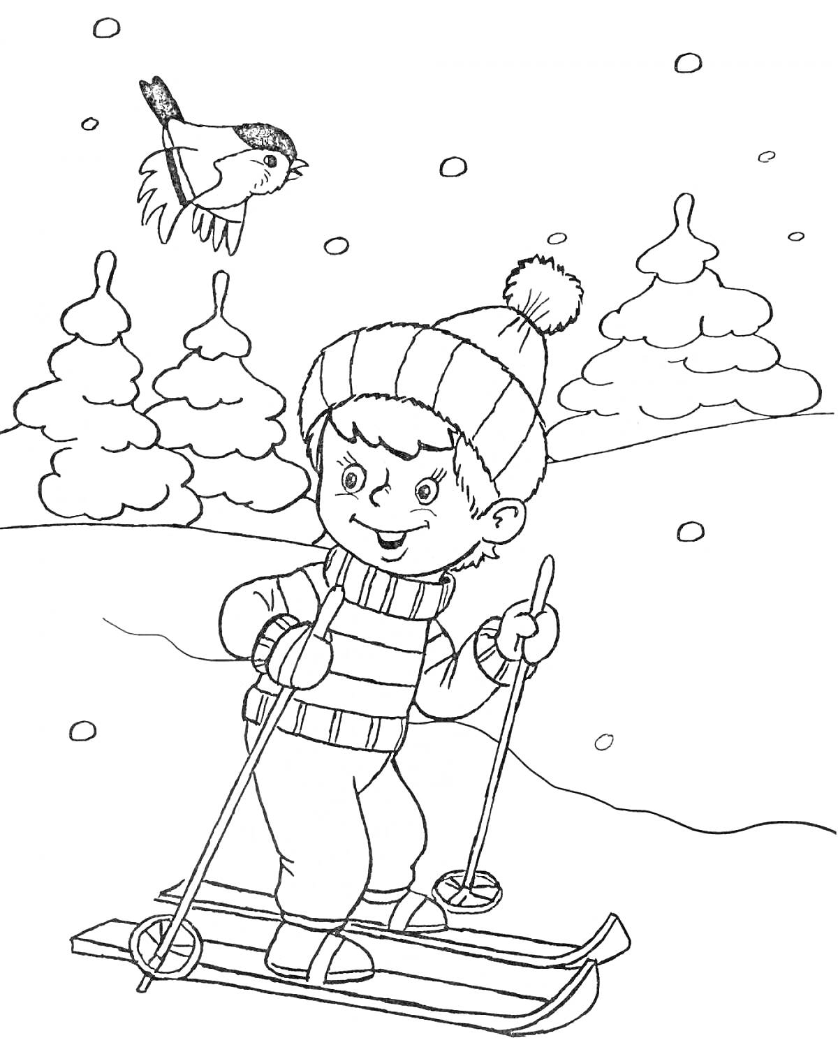 На раскраске изображено: Зимние забавы, Мальчик, Лыжи, Снег, Птица, Зима, Снегопад, Деревья, Шапка, Природа, Для детей