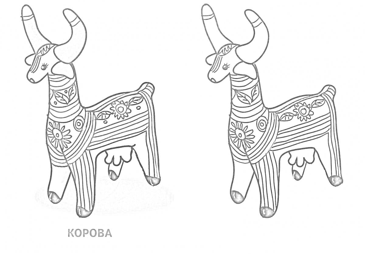 Раскраска Филимоновская игрушка — корова с декоративными узорами (в полоску, с цветами, с рогами)