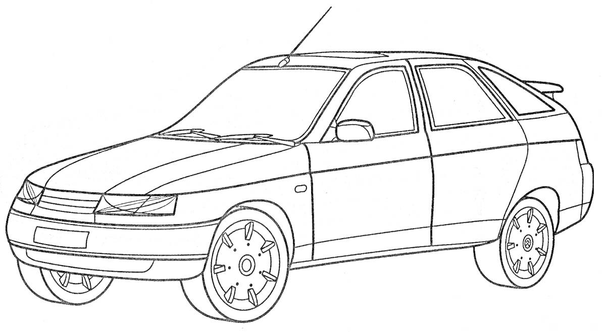 Раскраска автомобиля Лада Приора с антеной на крыше и спойлером, в боковой проекции с видимыми передними и задними колесами.