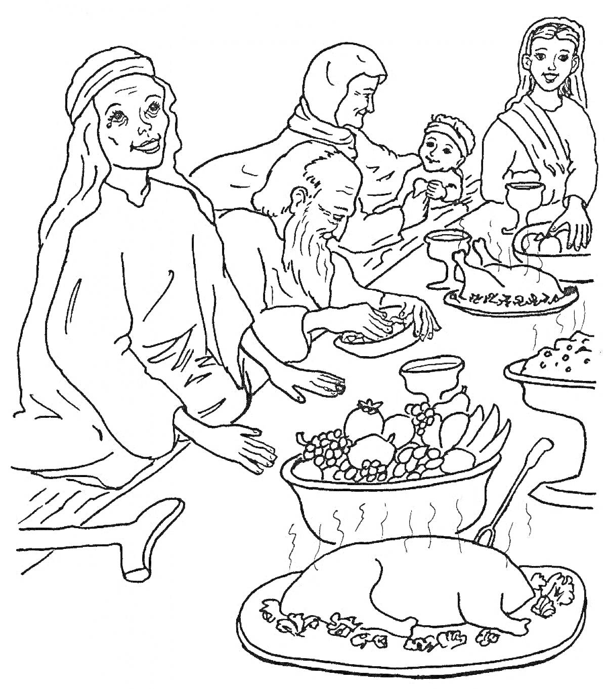 На раскраске изображено: Пир, Теремные палаты, Фрукты, Еда, Средневековье