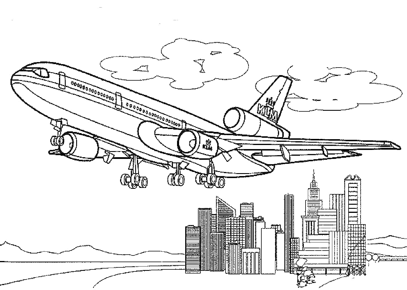 Раскраска Боинг над городом с небоскребами и облаками