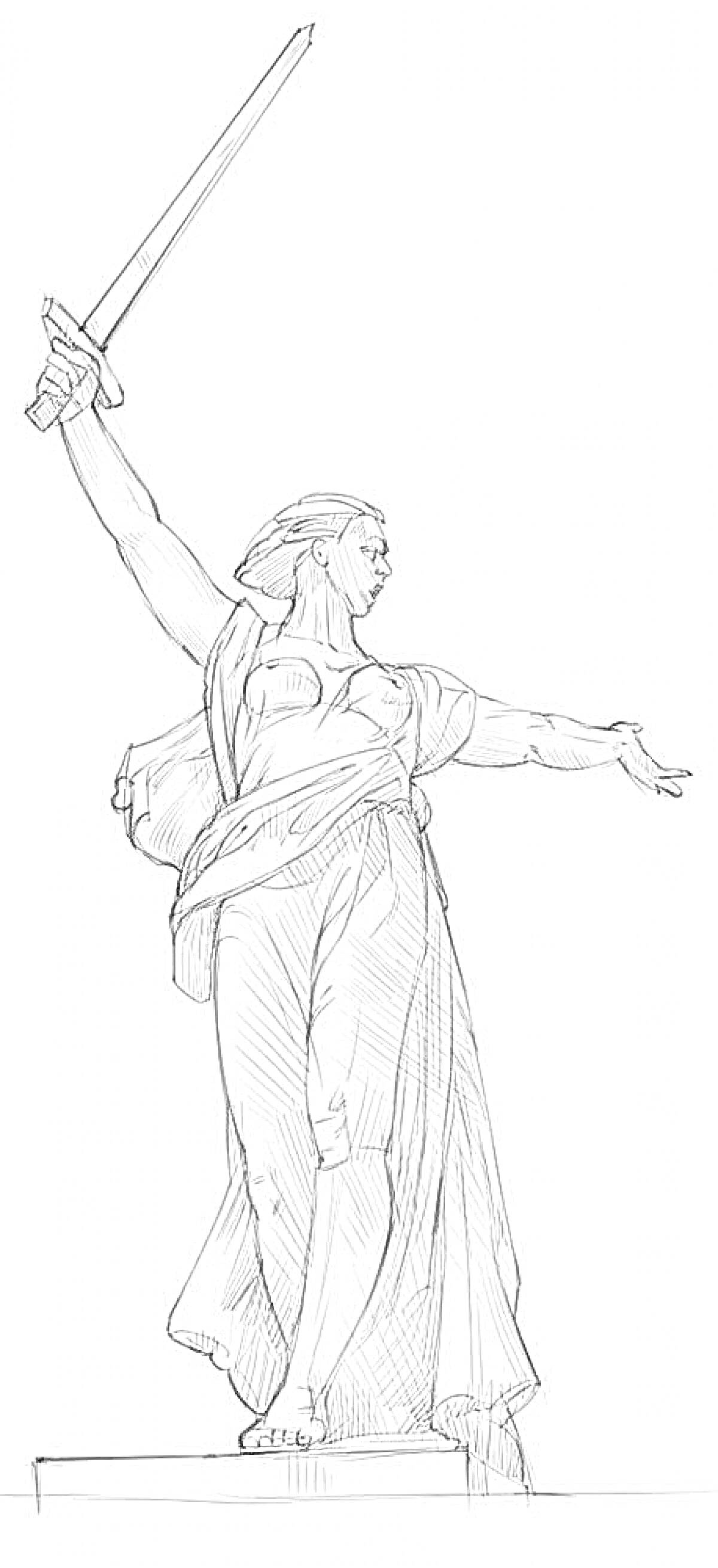 Статуя Родина-мать с обнажённым мечом в правой руке и поднятой левой рукой, в развевающемся платье