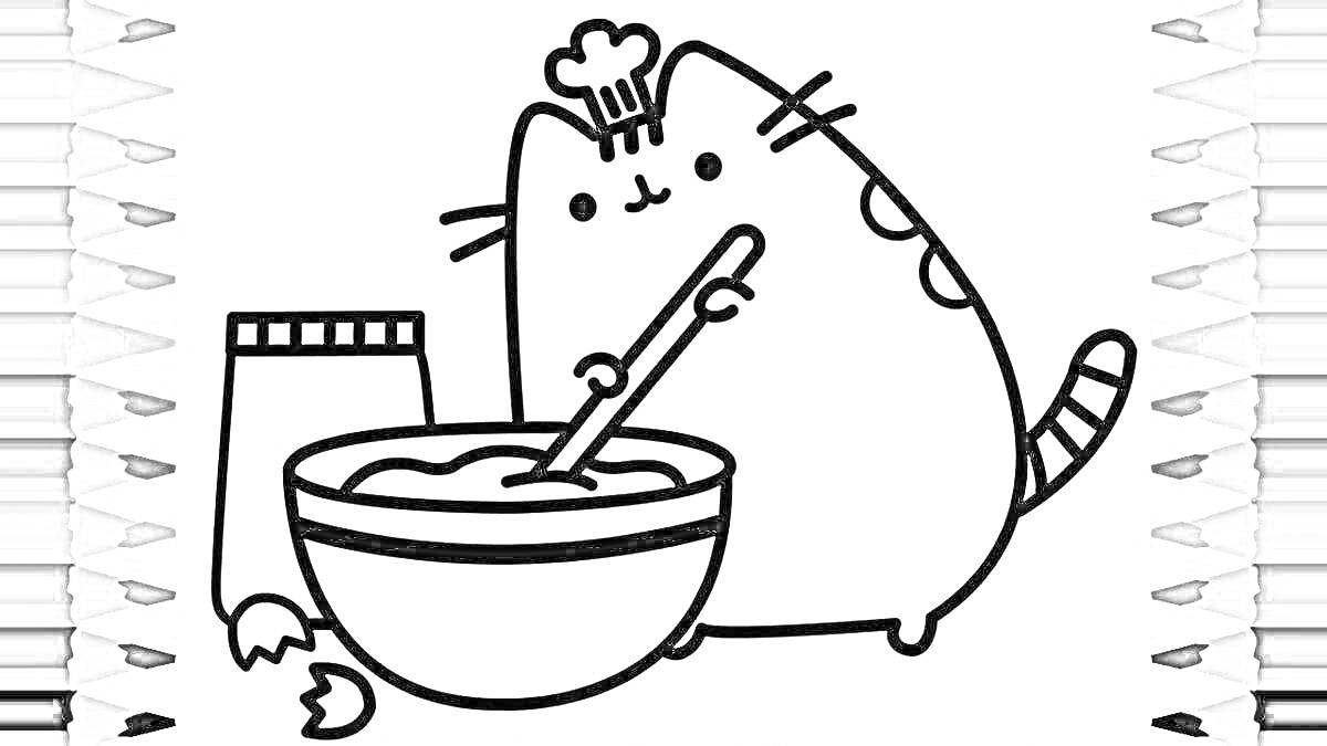 Раскраска Кот-повар с миской теста и ингредиентами