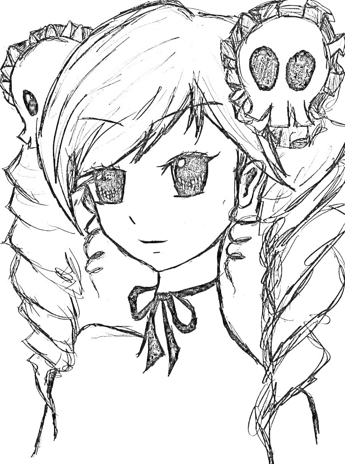Раскраска Девушка в готическом стиле с пышными косами и черепами на волосах