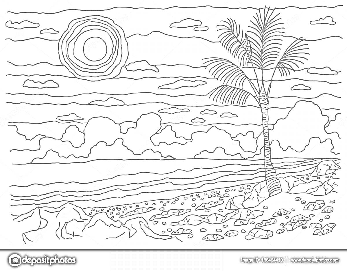 На раскраске изображено: Закат, Море, Солнце, Облака, Горизонт, Берег, Камни, Природа, Пляж, Линия горизонта