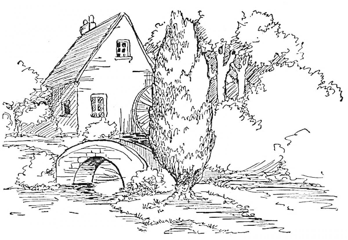 Дом с водяным колесом и деревьями