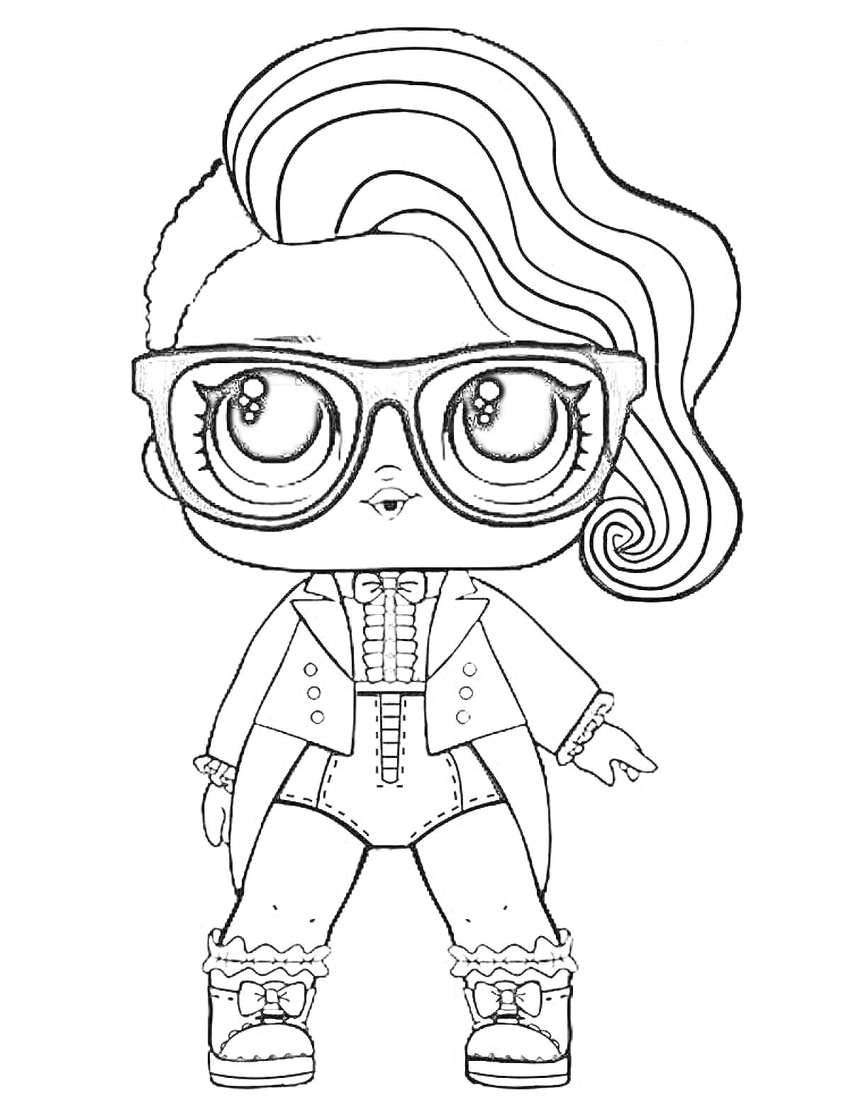 Раскраска Кукла ЛОЛ с волнистыми волосами, в очках и с длинным жакетом