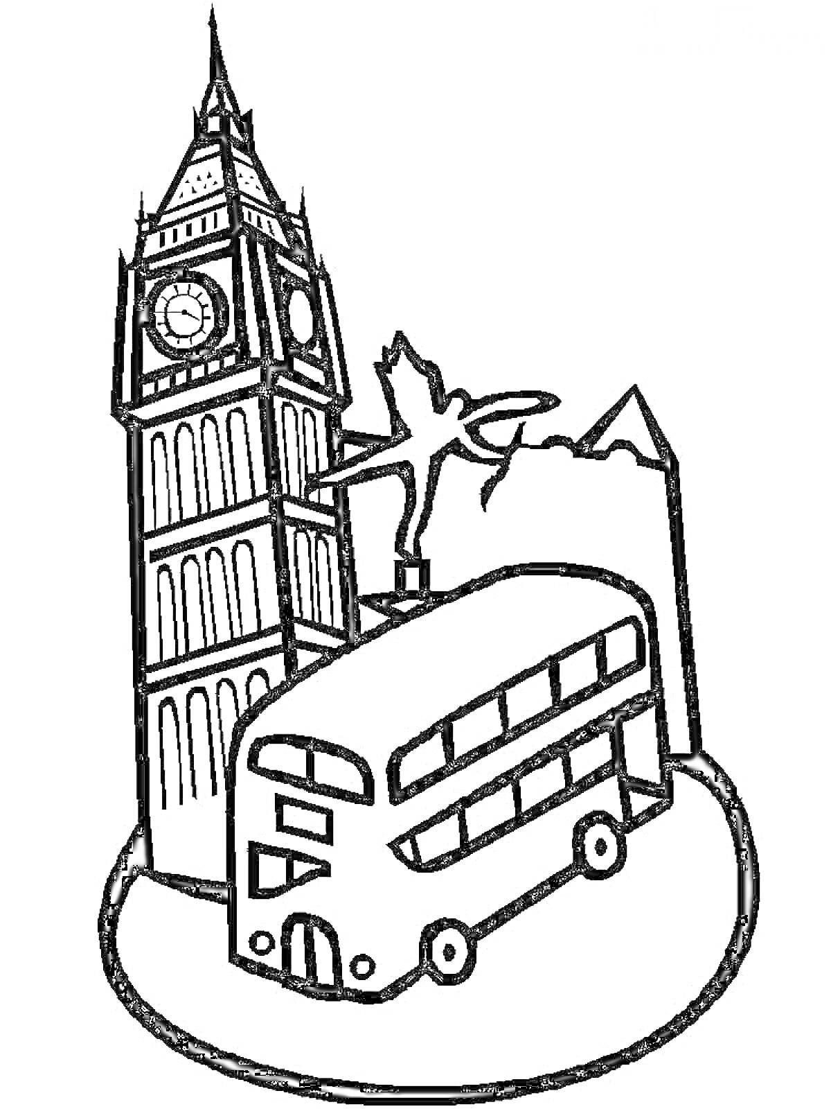 На раскраске изображено: Биг Бен, Лондон, Архитектура, Транспорт, Часы, Путешествия, Достопримечательности, Города