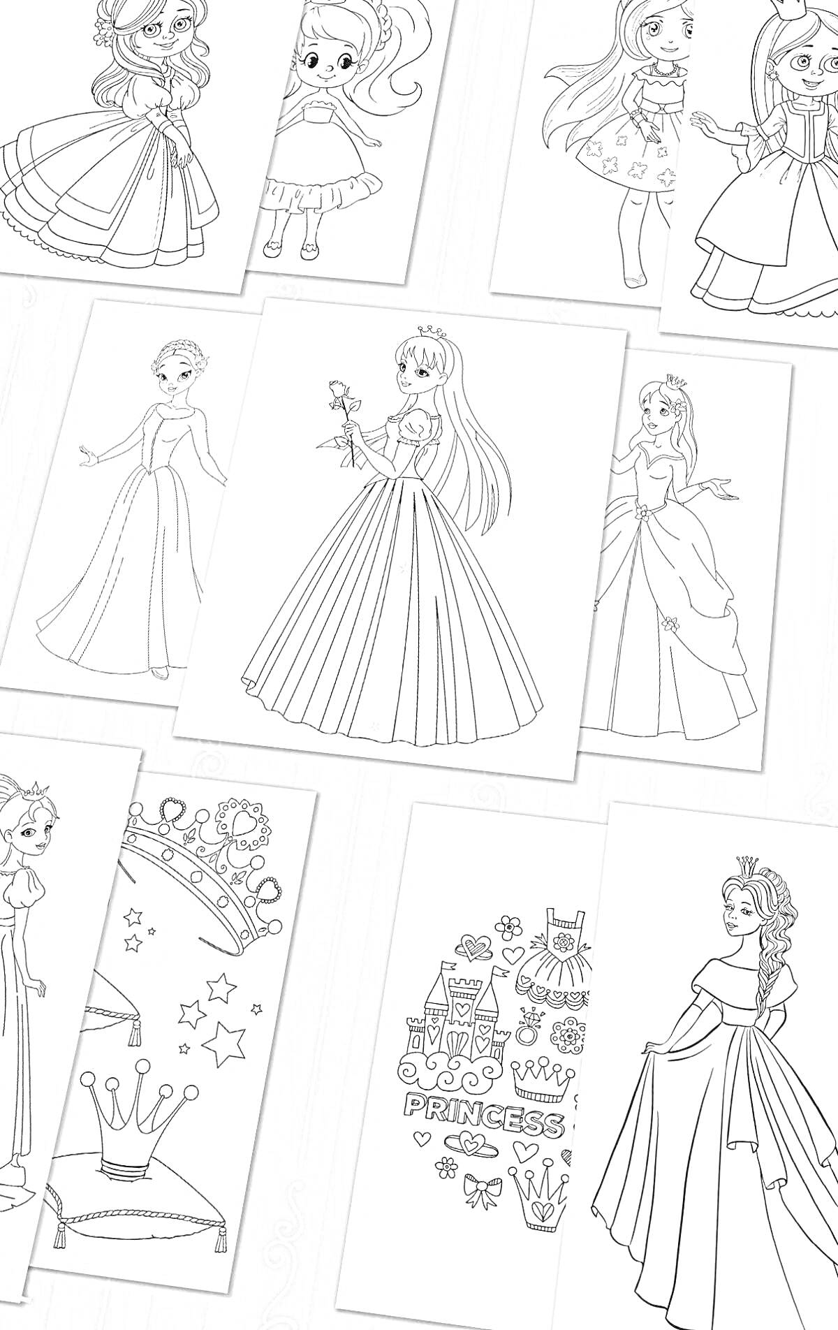 Раскраска Раскраска с принцессами и аксессуарами: принцессы в платьях, короны, звездочки, замок, принцесса с волшебной палочкой, звезда, сердечки