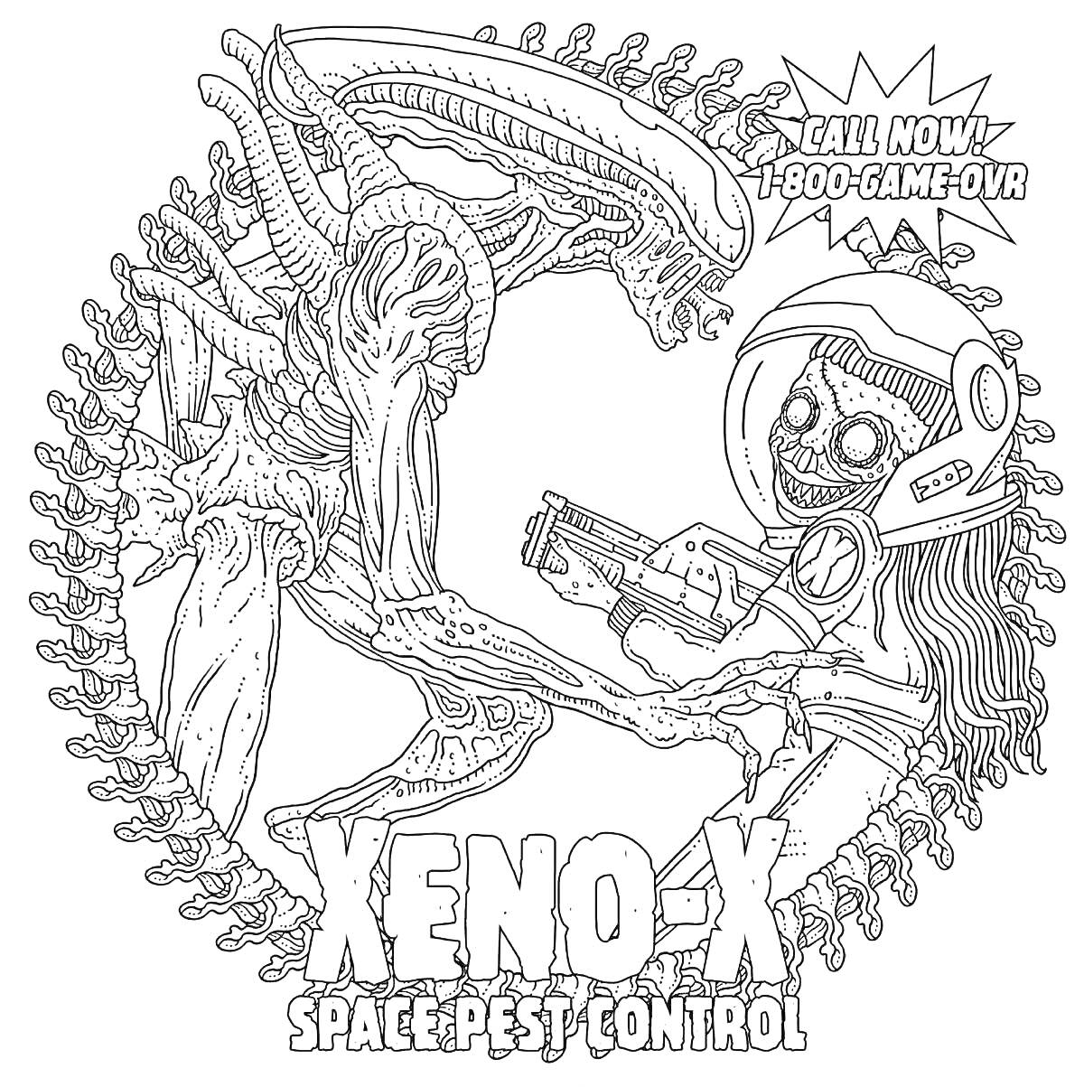 XENO-X Space Pest Control - инопланетянин и человек-космонавт с оружием, текст 