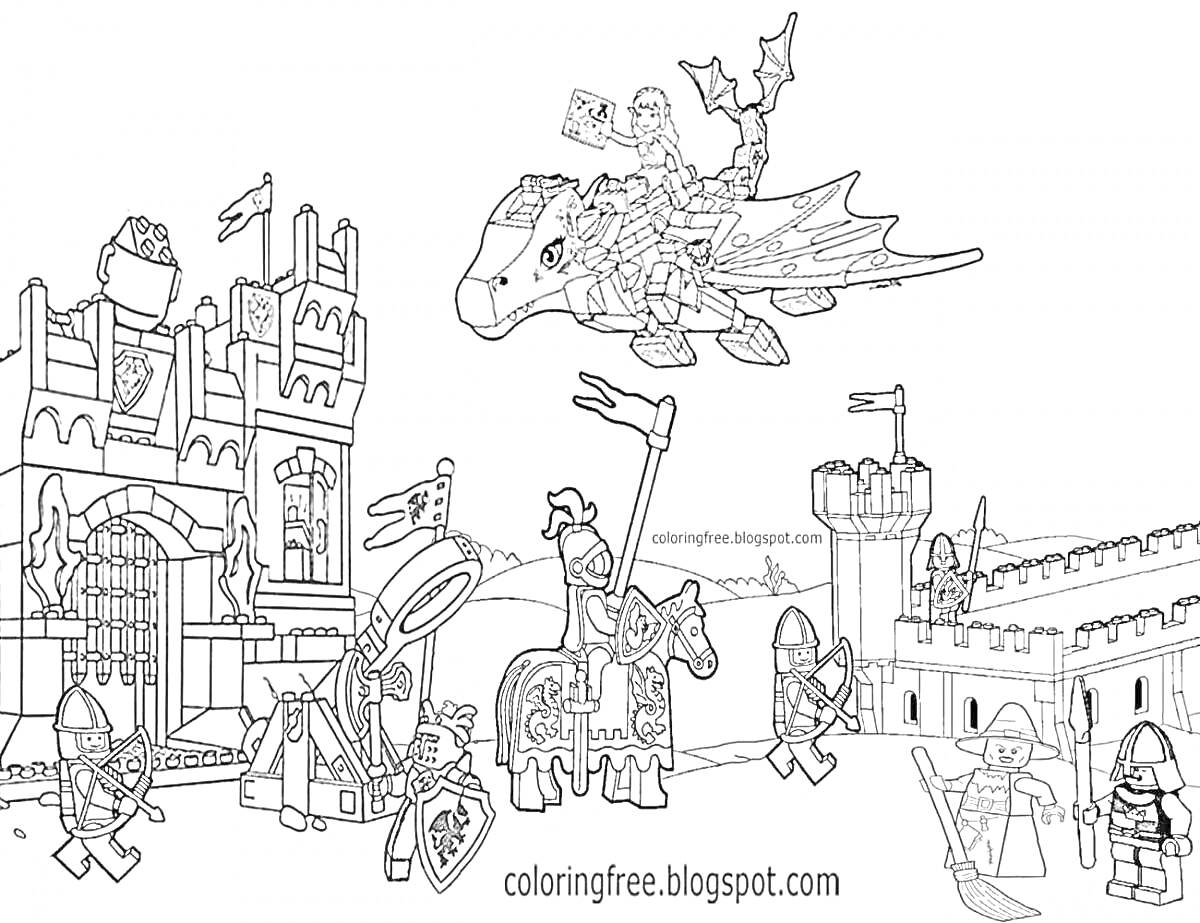 На раскраске изображено: Леголенд, Замок, Рыцари, Дракон, Знамёна, Ворота, Крепость