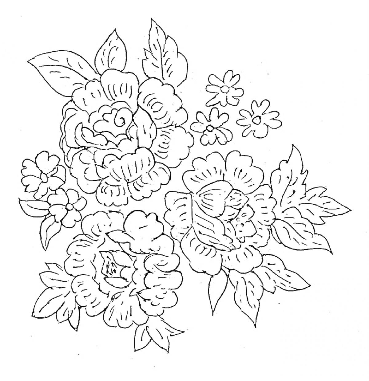 Жостовская роспись с цветами, включающая крупные розы, небольшие бутоны, маленькие цветочки и листья.