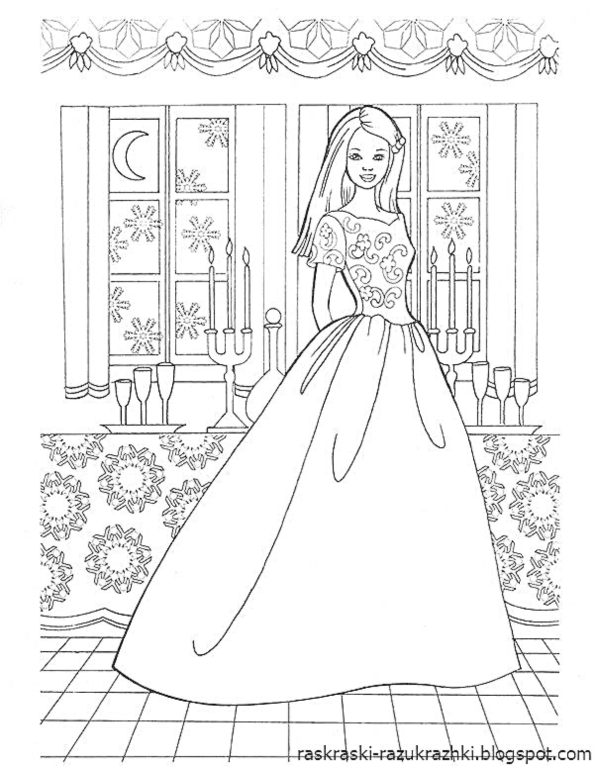 Раскраска Барби в свадебном платье у окна с шторами, свечами и луной