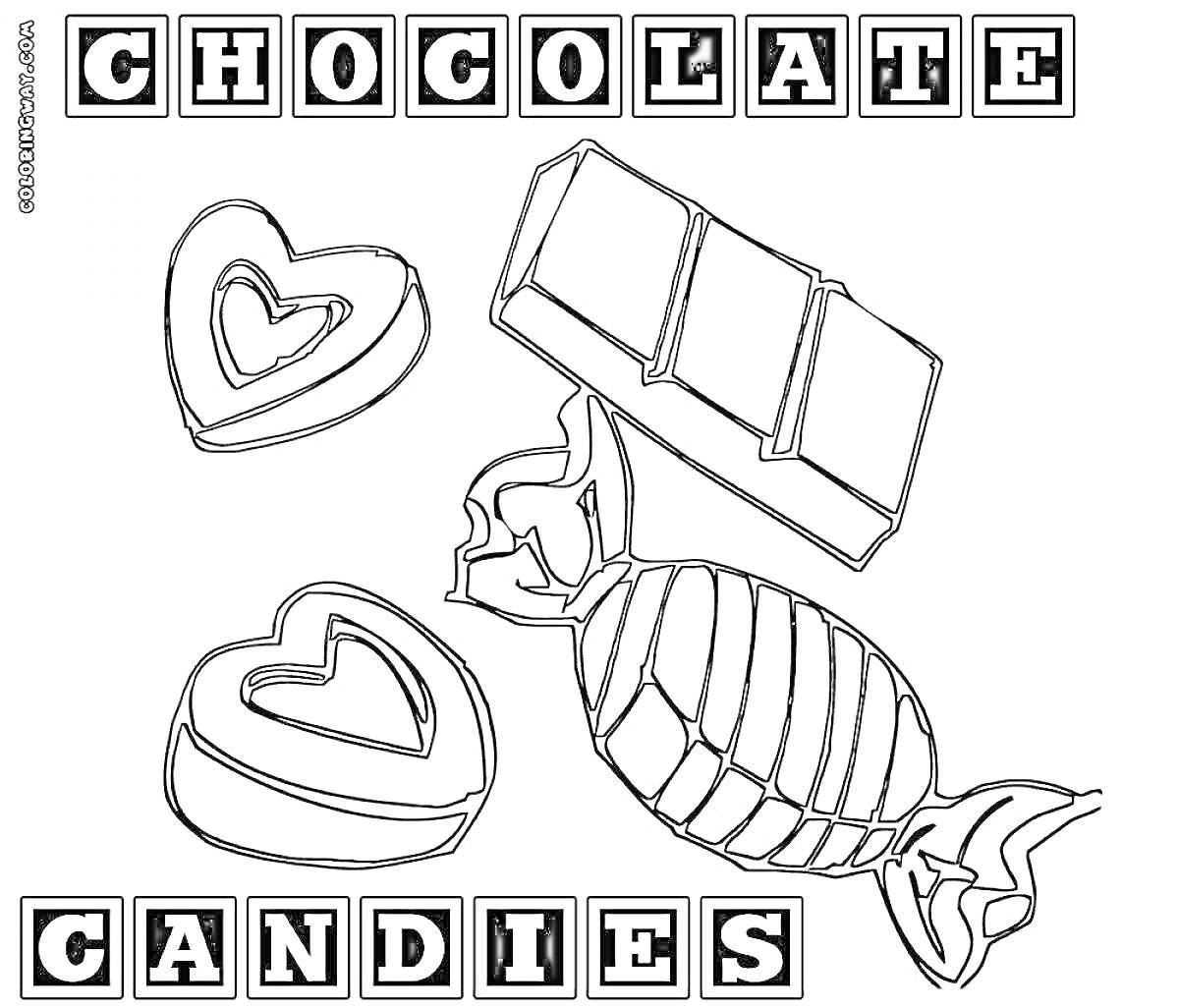На раскраске изображено: Шоколад, Конфеты, Плитка шоколада, Карамель, Сладости, Сердца