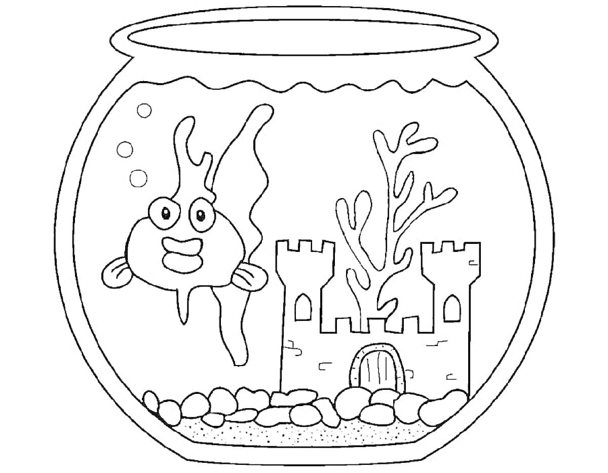 Раскраска Рыбка в аквариуме с замком, растением и камнями