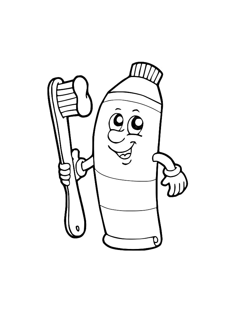 На раскраске изображено: Зубная щетка, Зубная паста, Тюбик, Мультяшные лица, Уход за зубами, Стоматология, Гигиена, Для детей