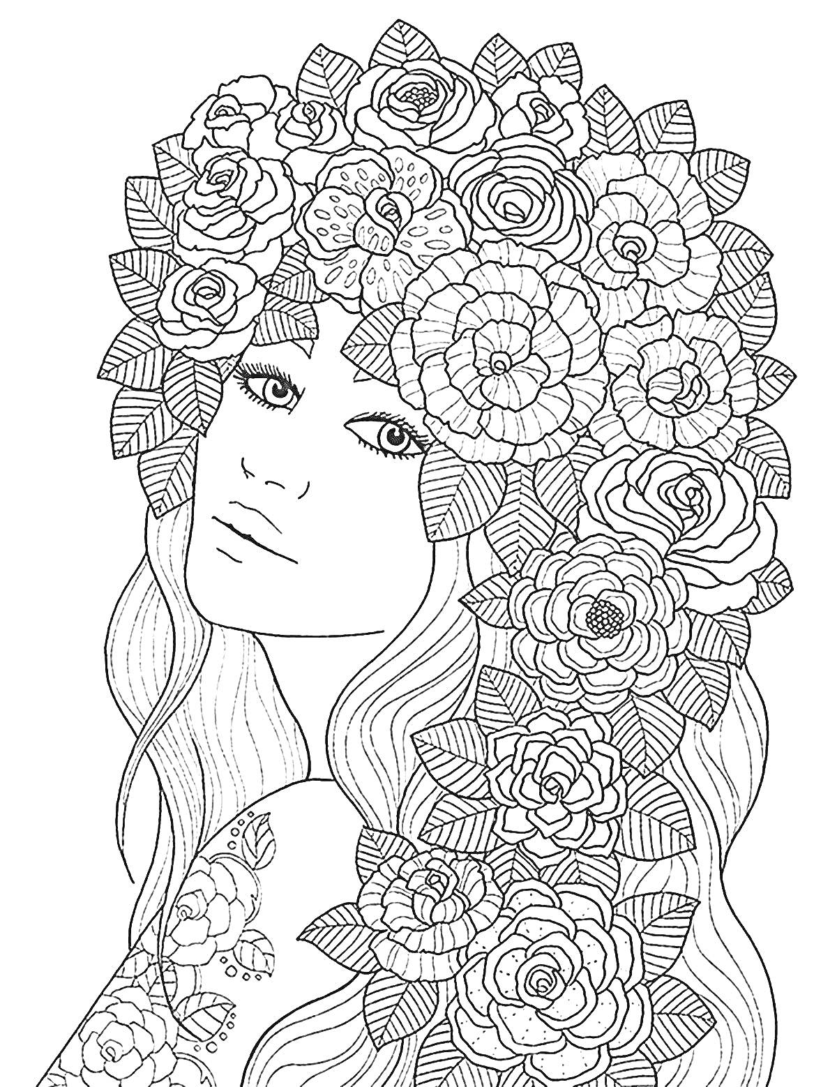 На раскраске изображено: Длинные волосы, Цветочная корона, Розы, Цветы, Для девочек, Девочка