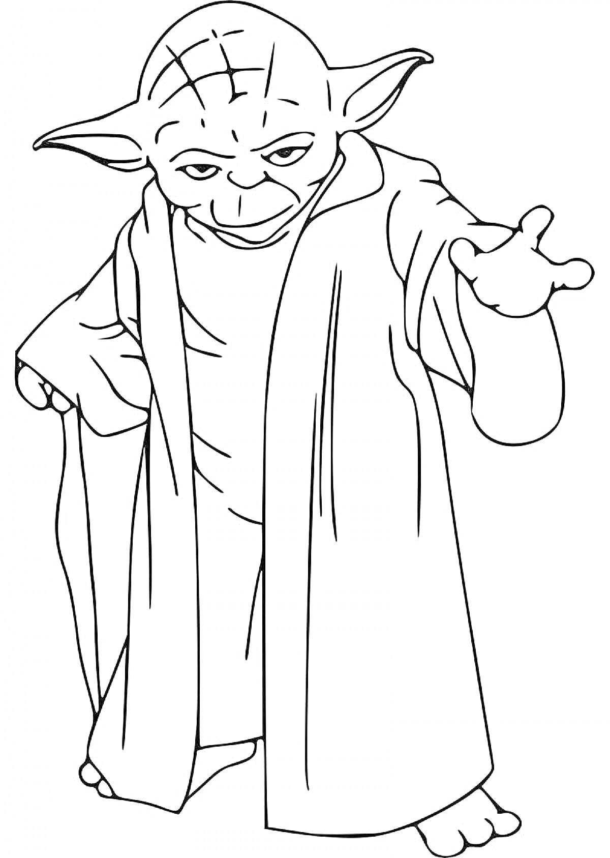 Раскраска Йода в традиционной одежде, протягивающий руку вперёд