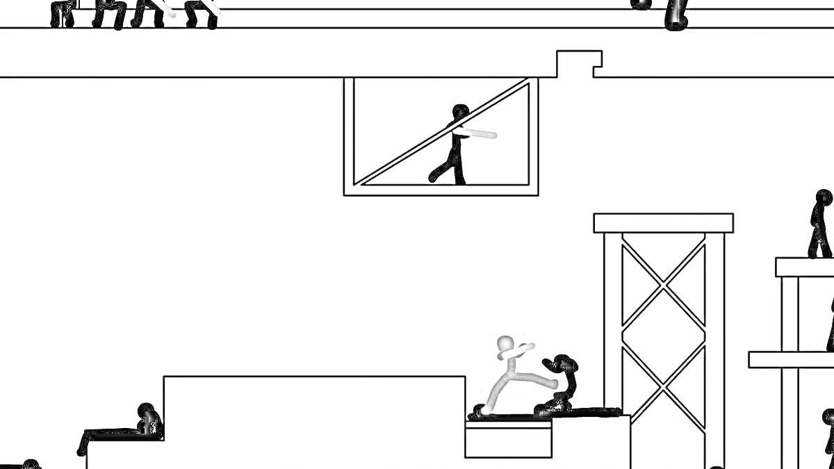 Раскраска Стикмены на многоуровневом объекте с лестницей, платформами, перекладинами и сражениями