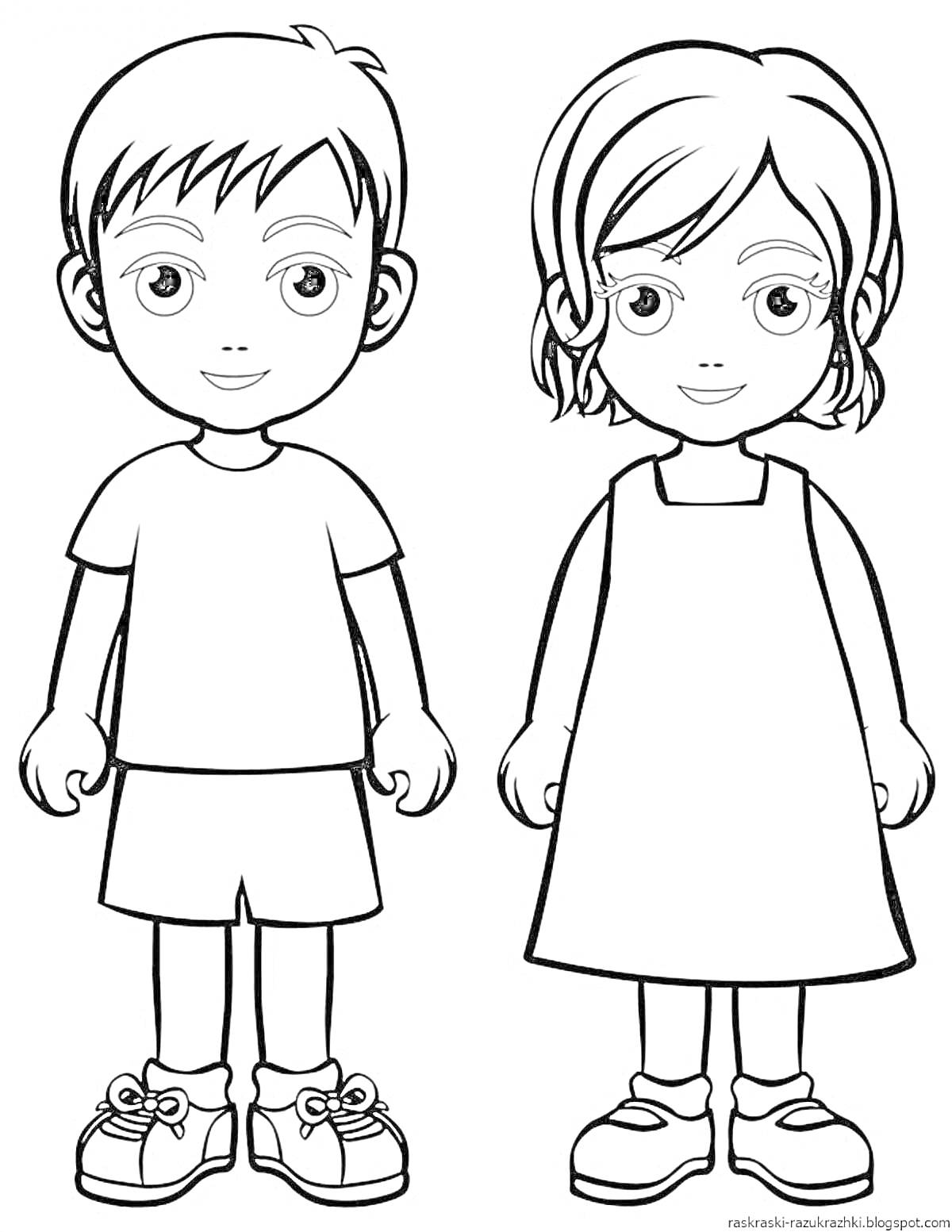 РаскраскаДети в одежде для игры - мальчик в шортах и футболке, девочка в платье и туфлях