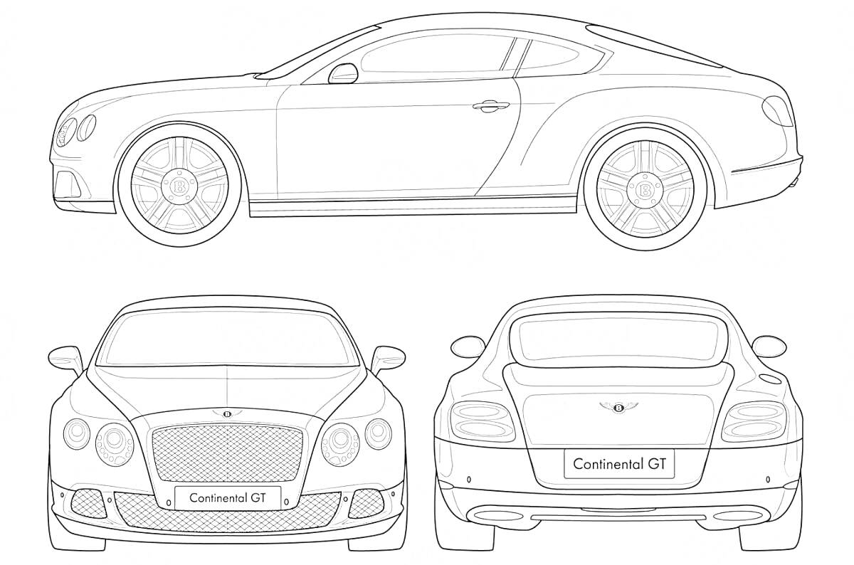 Раскраска Вид сбоку, спереди и сзади автомобиля Bentley Continental GT