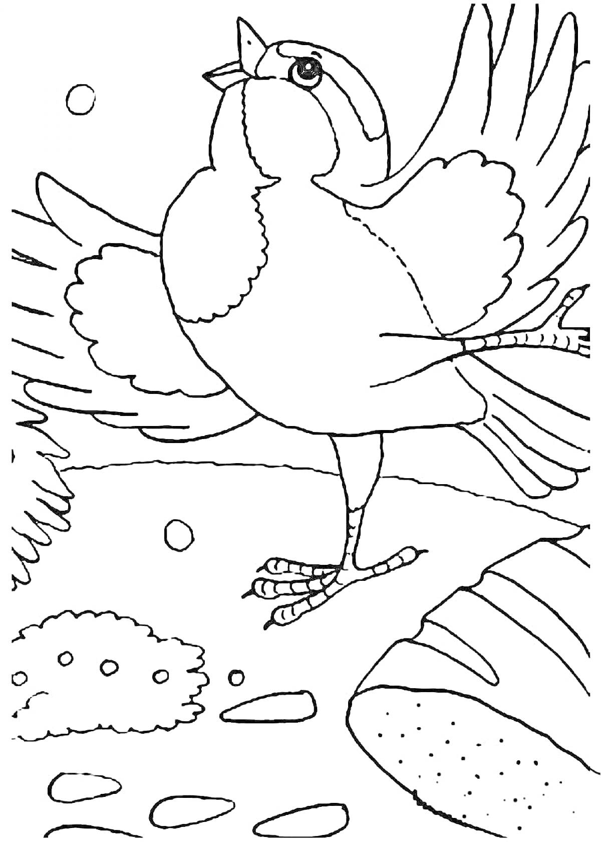 На раскраске изображено: Воробей, Птица, Крылья, Природа, Кусты, Камни, Деревья