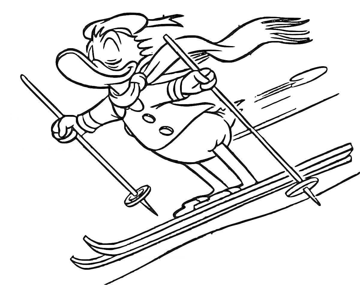Раскраска Утка на лыжах с палками, в шапке и шарфе, на фоне заснеженного склона