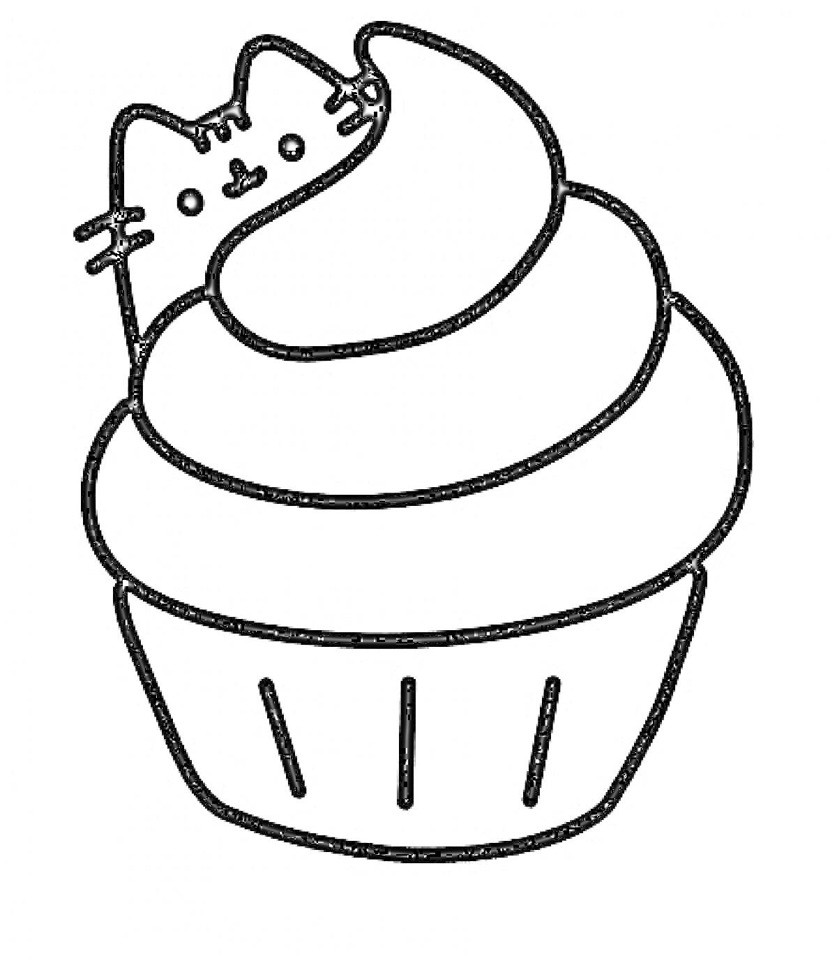 Раскраска Кот Пушин выглядывает из кекса с кремом