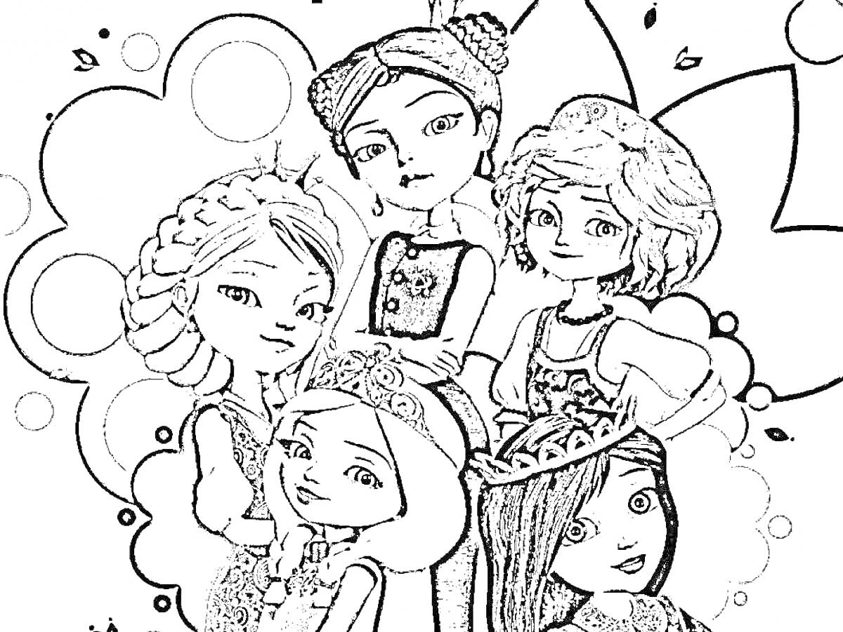 Раскраска Четыре девочки в коронах и нарядах на фоне цветков.