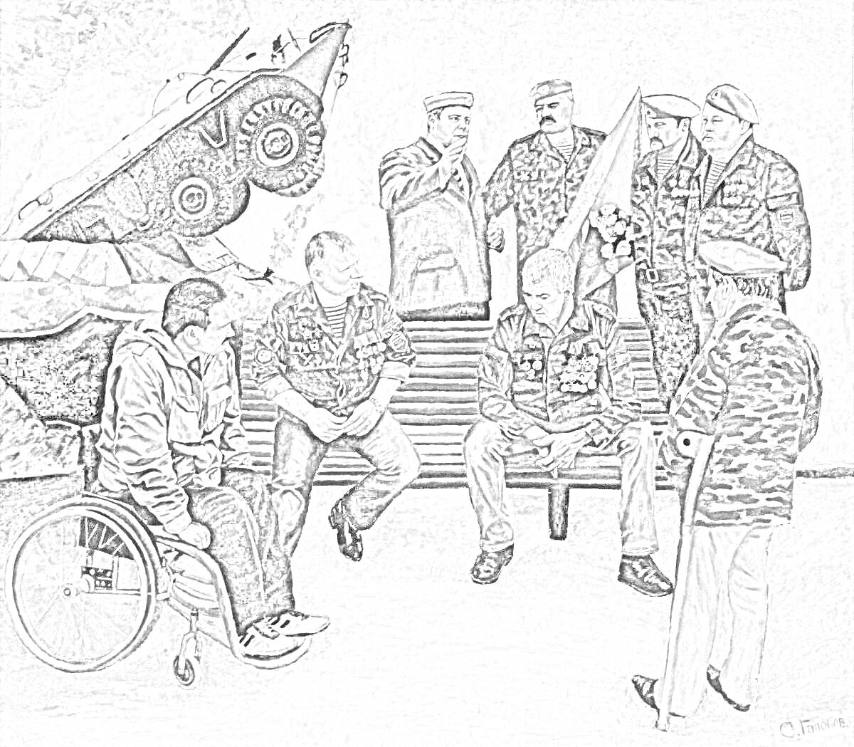 На раскраске изображено: Ветераны, Форма, Военная техника, Инвалидная коляска, Цветы, Встреча, Общение