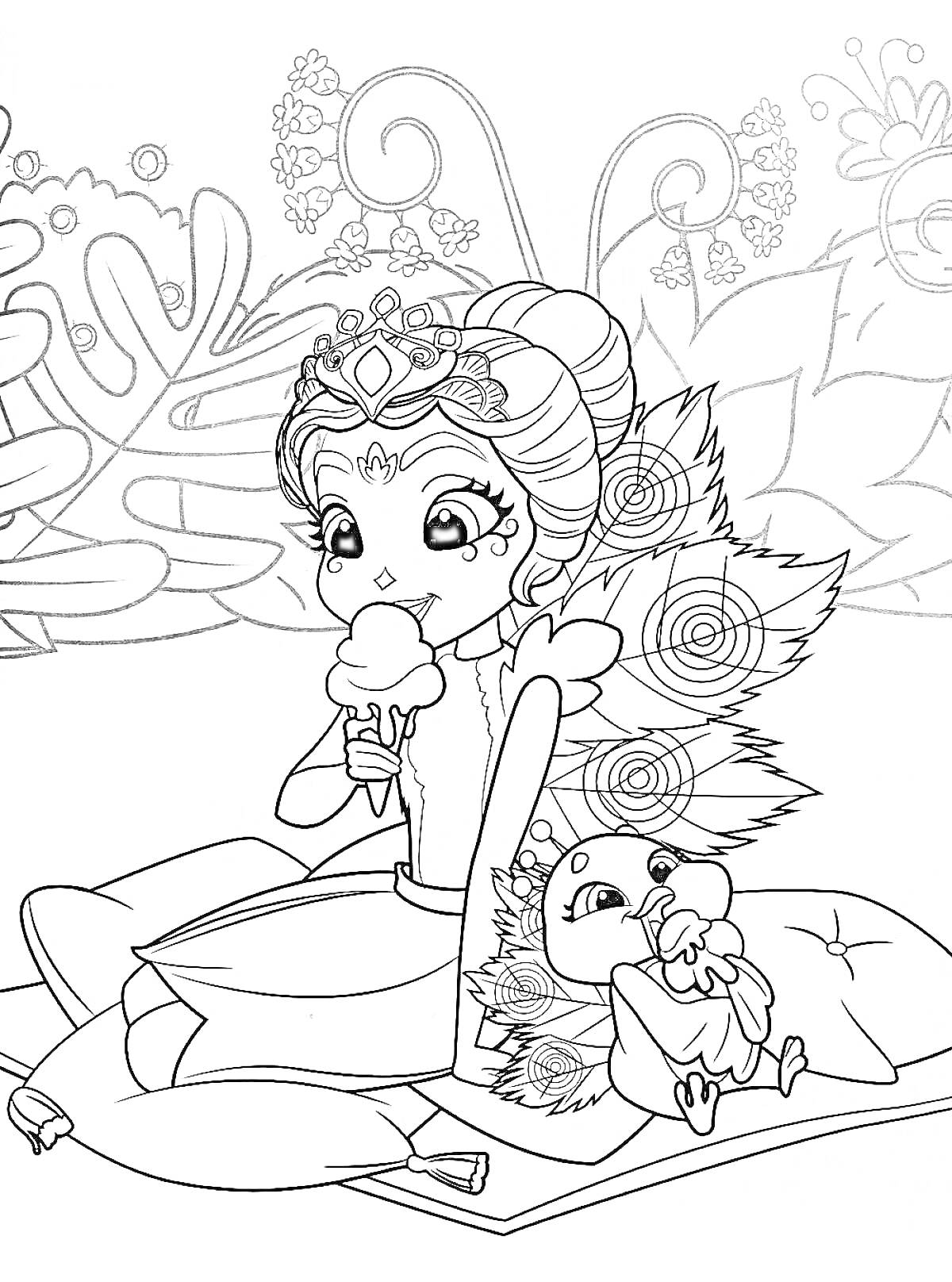Раскраска Девочка-энчантималс с павлиньими перьями ест мороженое вместе с павлинчиком