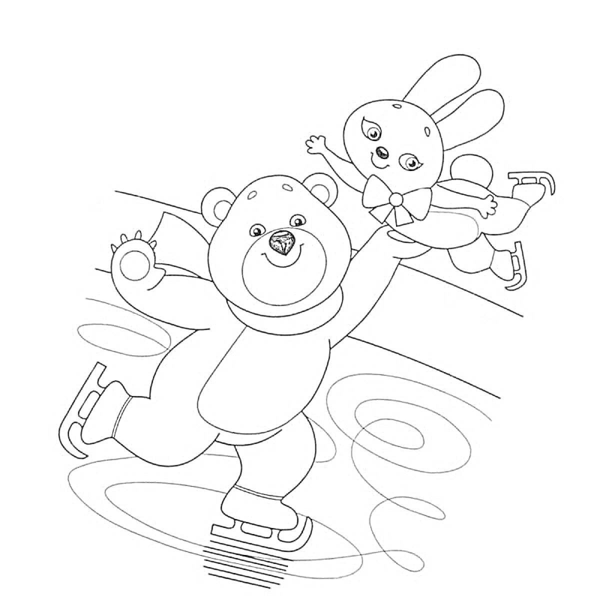 Раскраска Медвежонок и зайчик катаются на коньках
