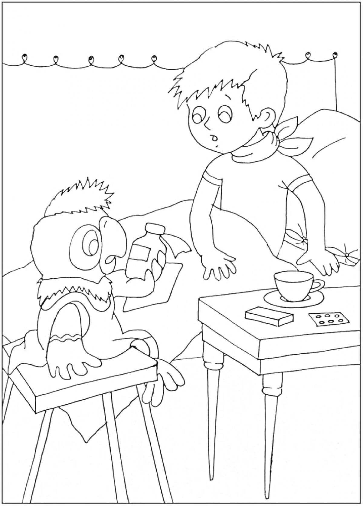 Раскраска Попугай Кеша и мальчик в комнате, попугай держит бутылочку с лекарством, рядом стоит стол с чашкой, коробочкой и пачкой таблеток