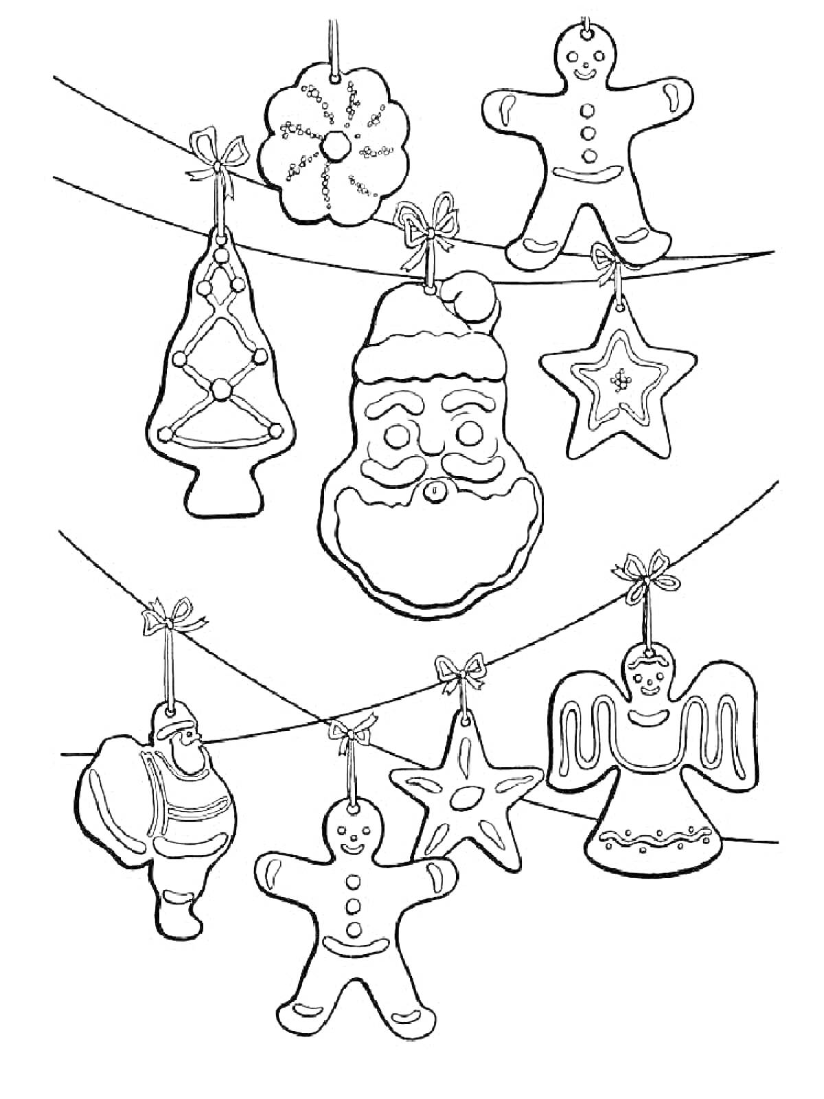 На раскраске изображено: Новогодние украшения, Пряничные человечки, Новогодняя ёлка, Ангел, Дед Мороз, Новый год, Праздничное настроение, Звезды, Рождественские носки
