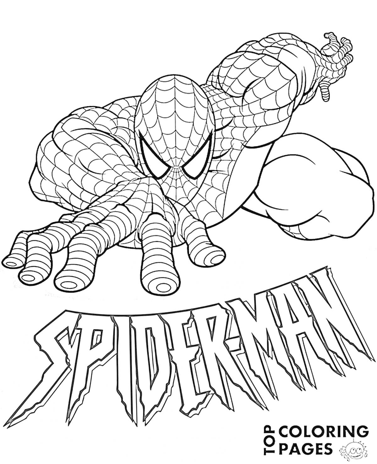 Раскраска Человек-паук ползет вперед с вытянутой рукой, логотип 
