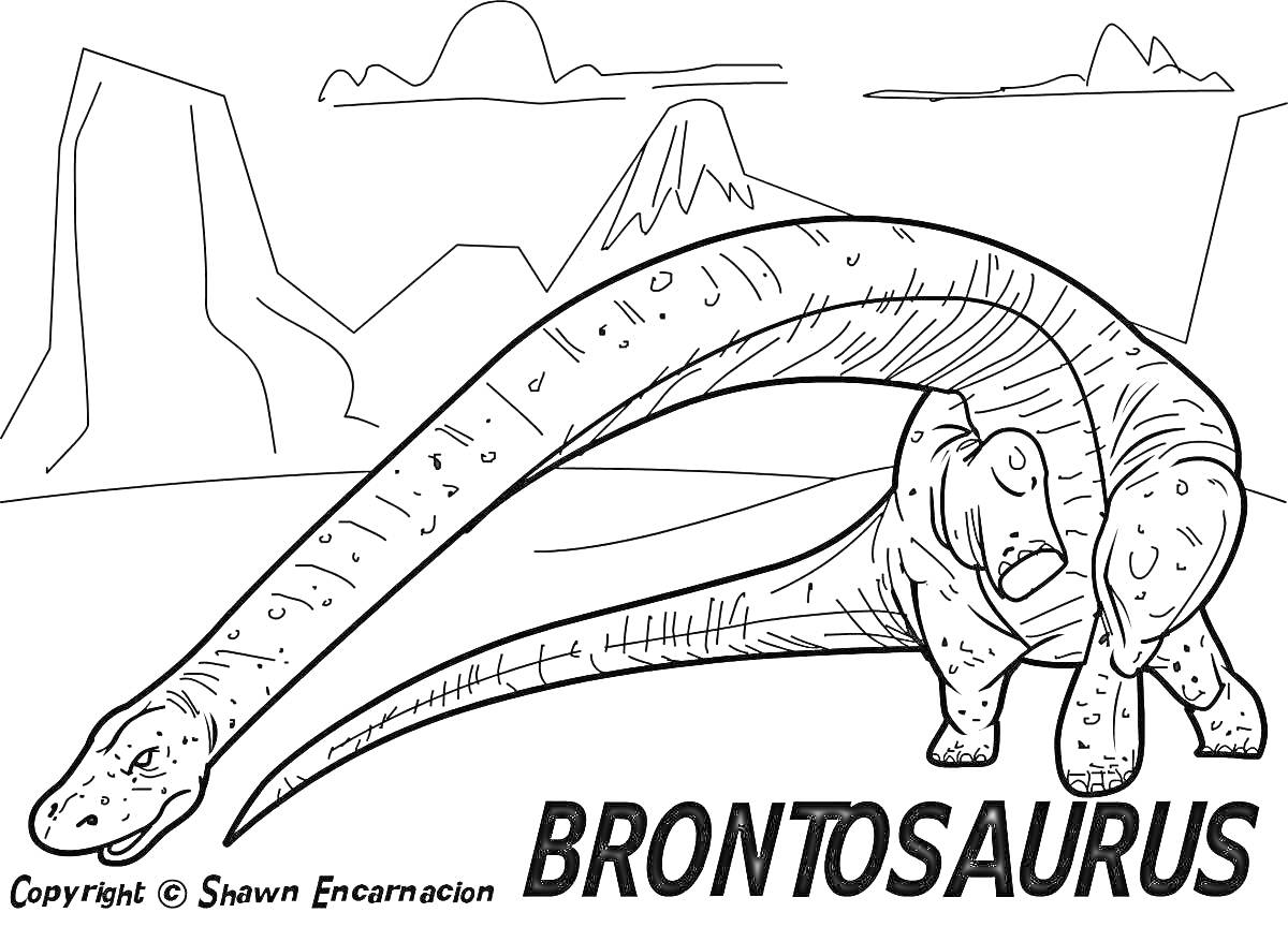 На раскраске изображено: Динозавр, Бронтозавр, Горы, Длинная шея