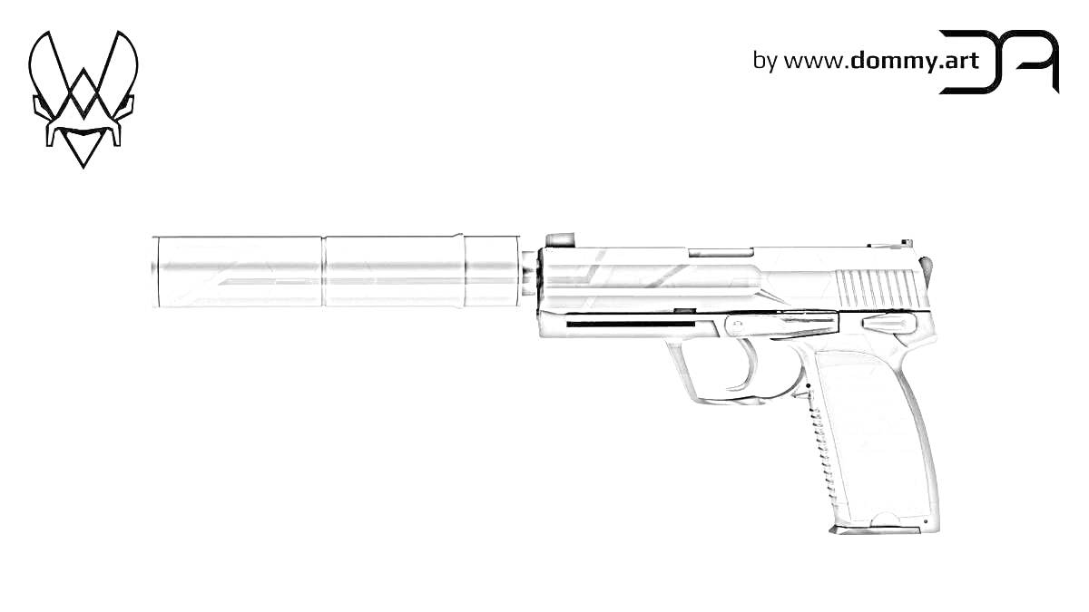На раскраске изображено: Standoff 2, Пистолет, Глушитель, Оружие, Контурные рисунки, Логотипы