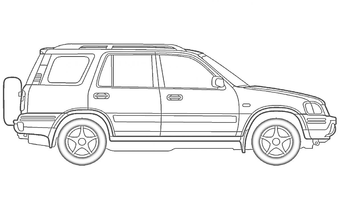 Subaru Forester боковой вид, 5-дверный внедорожник, кроссовер, колеса, боковые окна, двери, люк на крыше, зеркала заднего вида, фары, бампер, ручки дверей