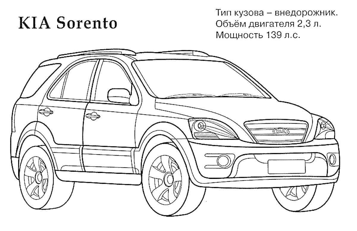 Раскраска Kia Sorento с указанием типа кузова, объема двигателя и мощности