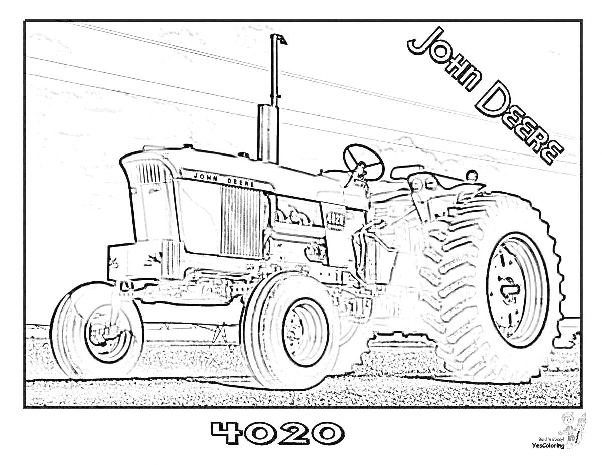 Раскраска Трактор John Deere модели 4020 на земле, надпись 