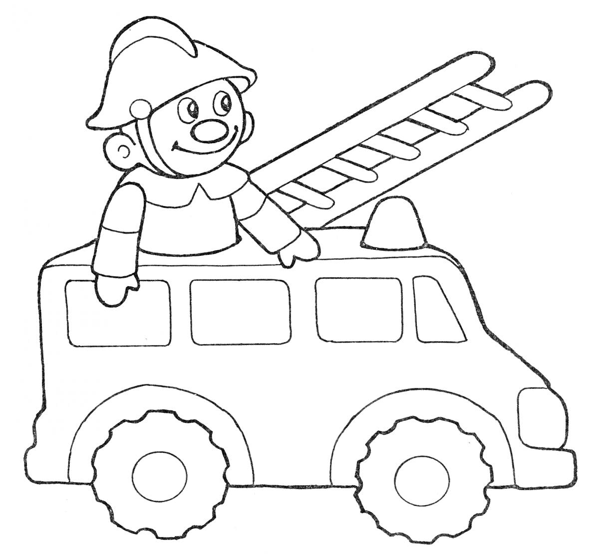 Раскраска Пожарная машина с пожарным и лестницей для детей