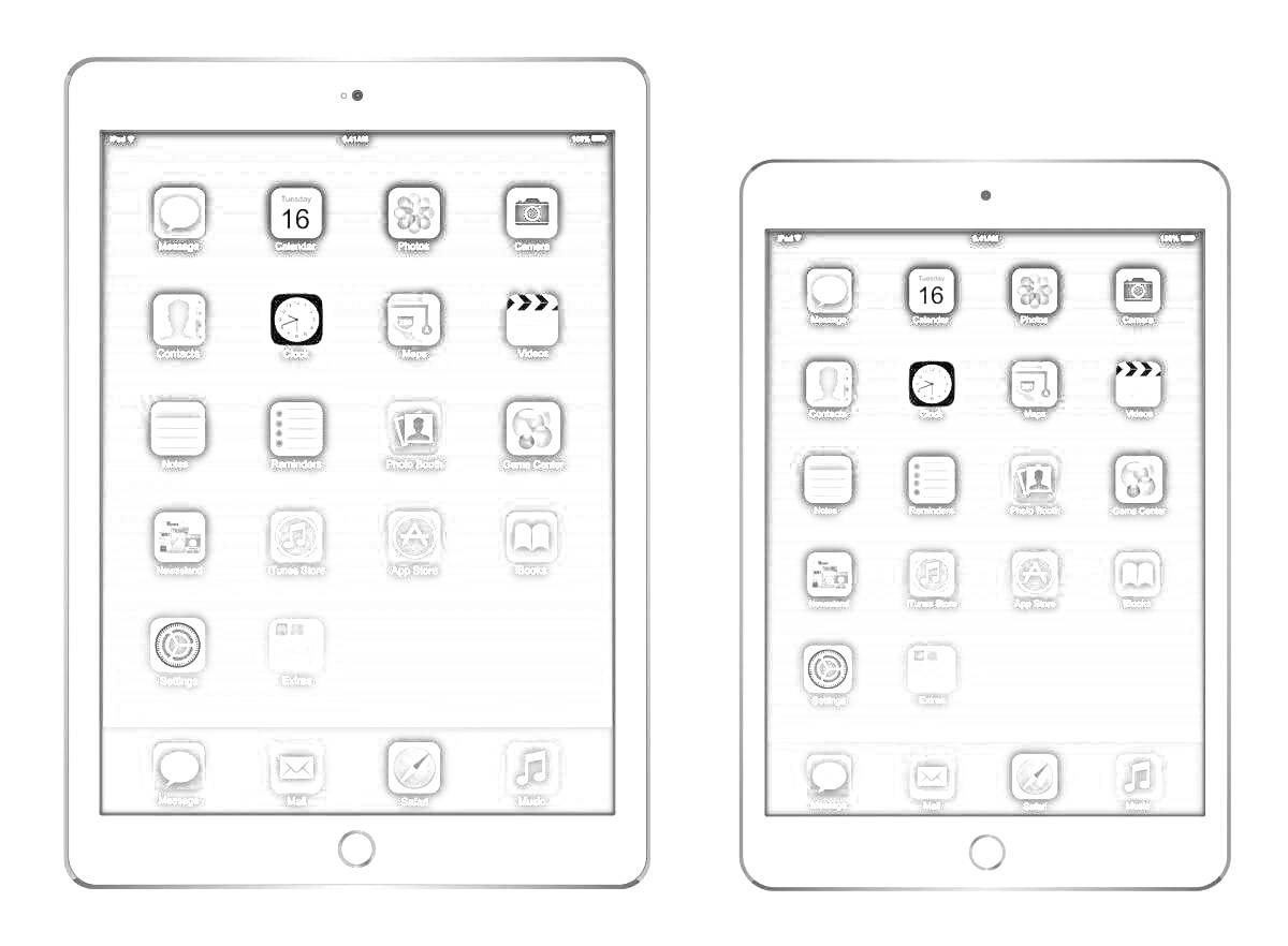 На раскраске изображено: IPad, Планшет, Календарь, Часы, Камера, Заметки, Настройки, Сообщения, Музыка, Почта, Контакты