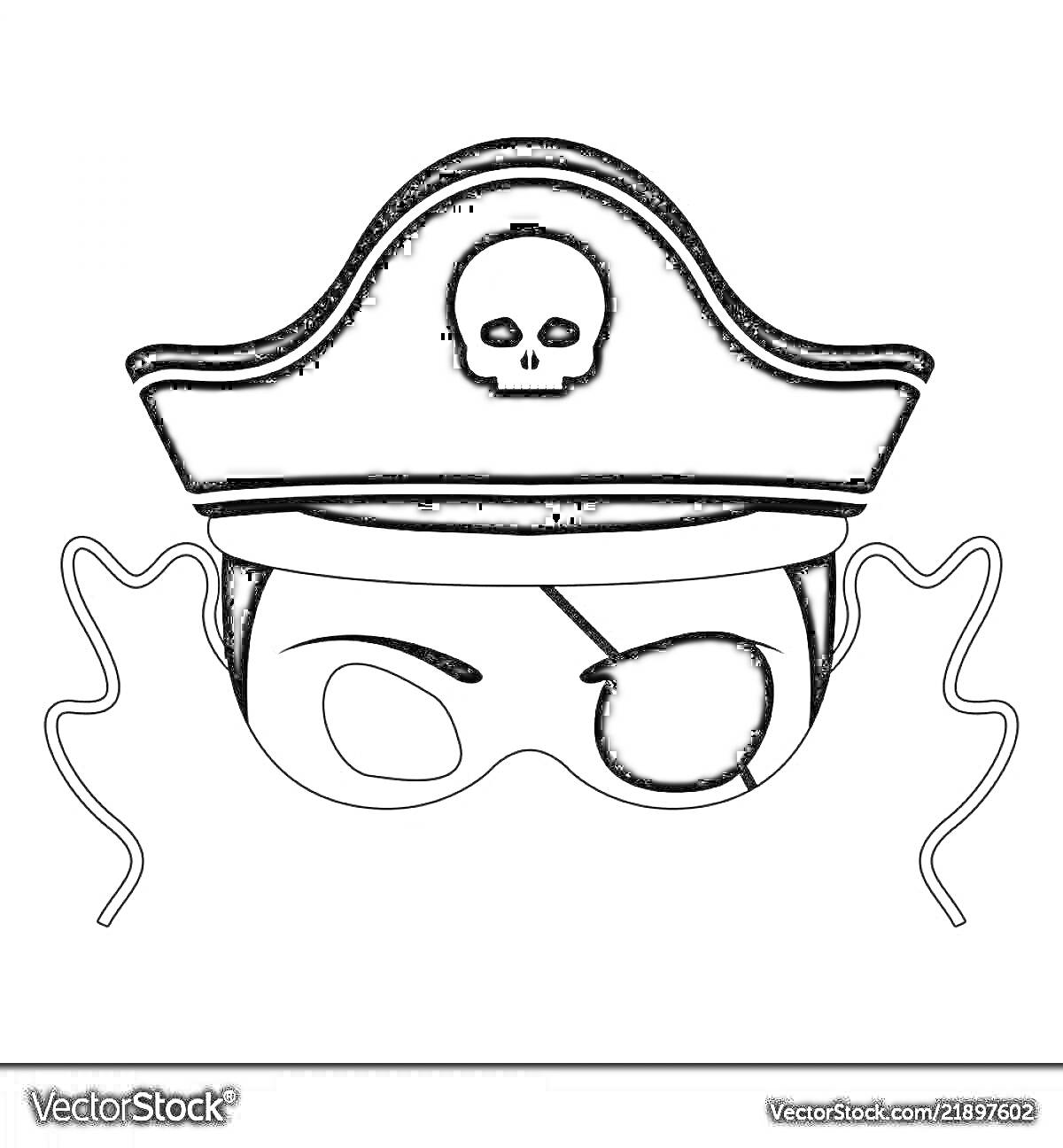 Раскраска пиратская шляпа с черепом, маска с повязкой на глаз и ленточками