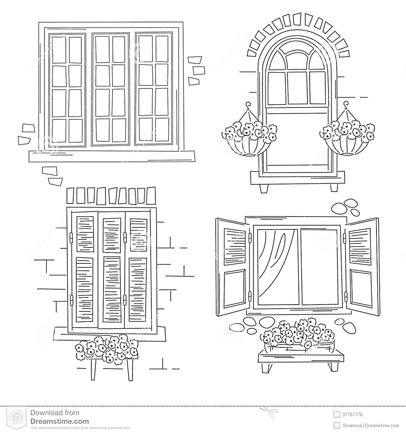 Раскраска Окно со ставнями и цветами. Элементы: четыре окна, ставни, цветочные горшки, кирпичная стена, декоративные арки.