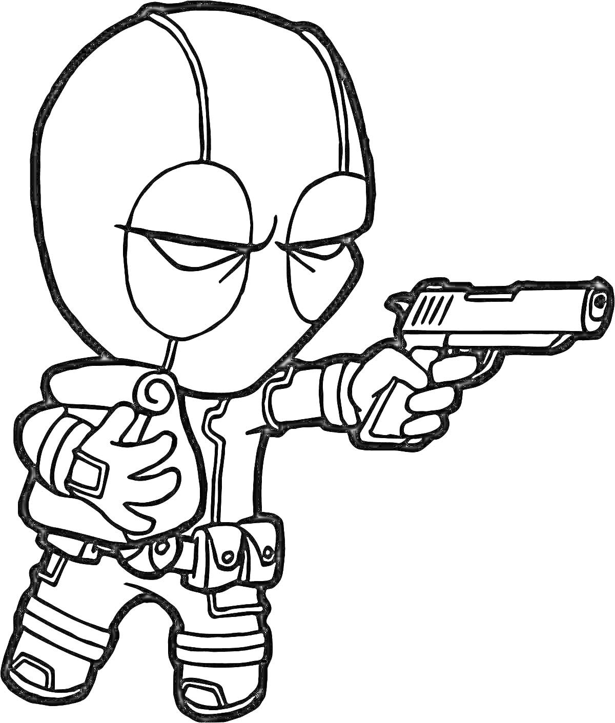 Раскраска Чиби-супергерой с пистолетом в правой руке и свитком в левой руке