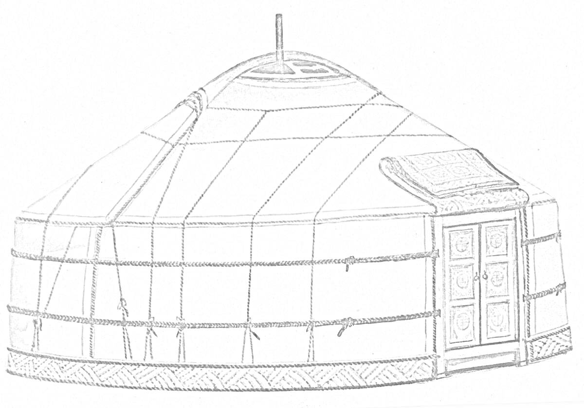 На раскраске изображено: Киіз үй, Юрта, Крыша, Дверь, Традиционное жилище