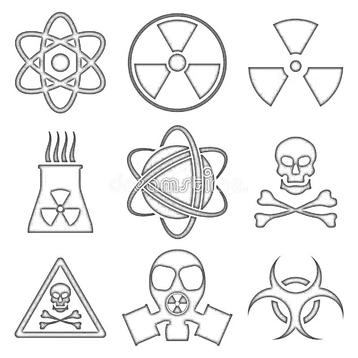 Раскраска Набор символов радиации, атомной энергии, опасности и биологической угрозы, включая атомный символ, знаки радиации, атомную электростанцию, череп и кости, предупреждающий треугольник и маску