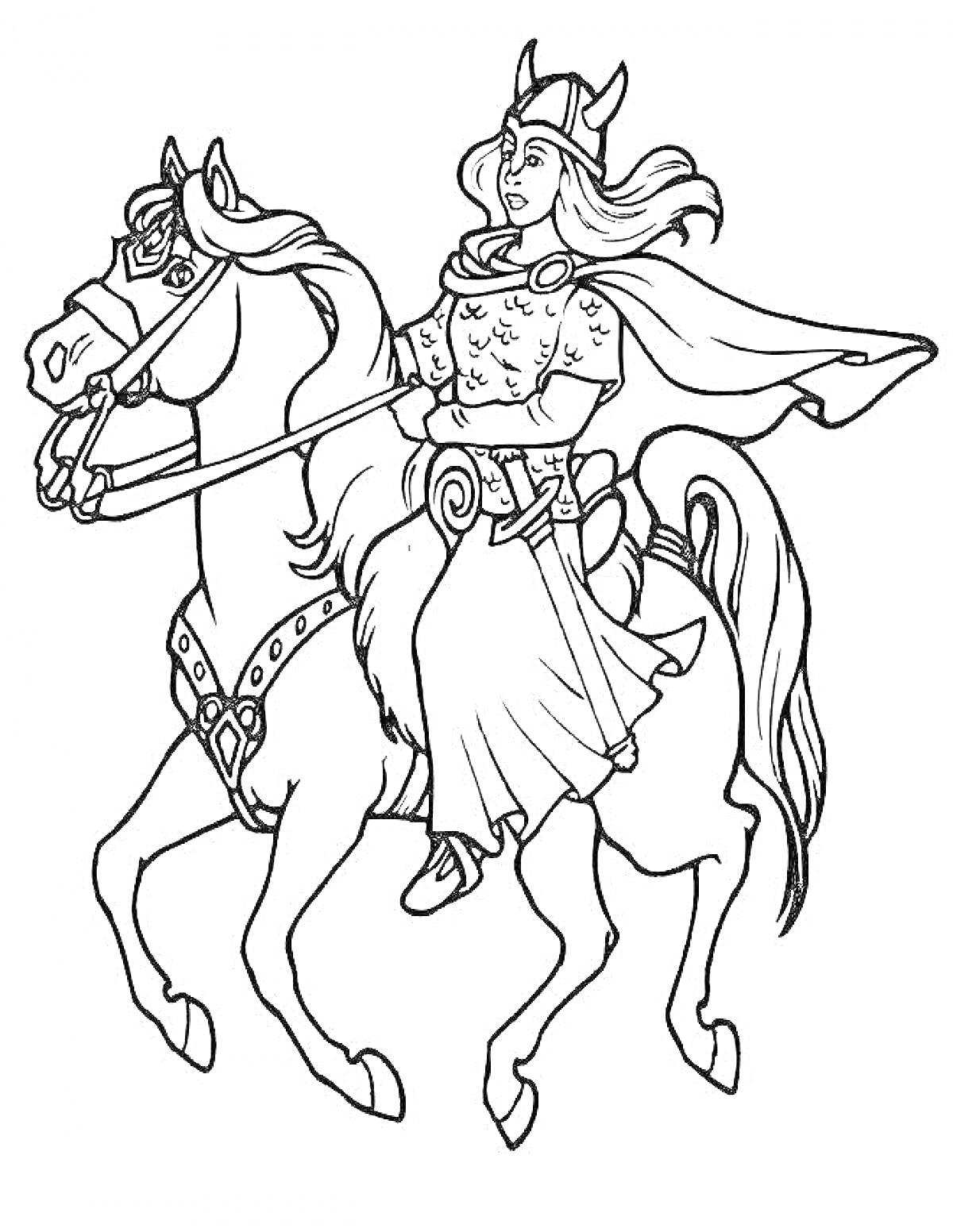 На раскраске изображено: Томирис, Доспехи, Плащ, Корона, Рога, Конь, Лошадь, Исторический персонаж