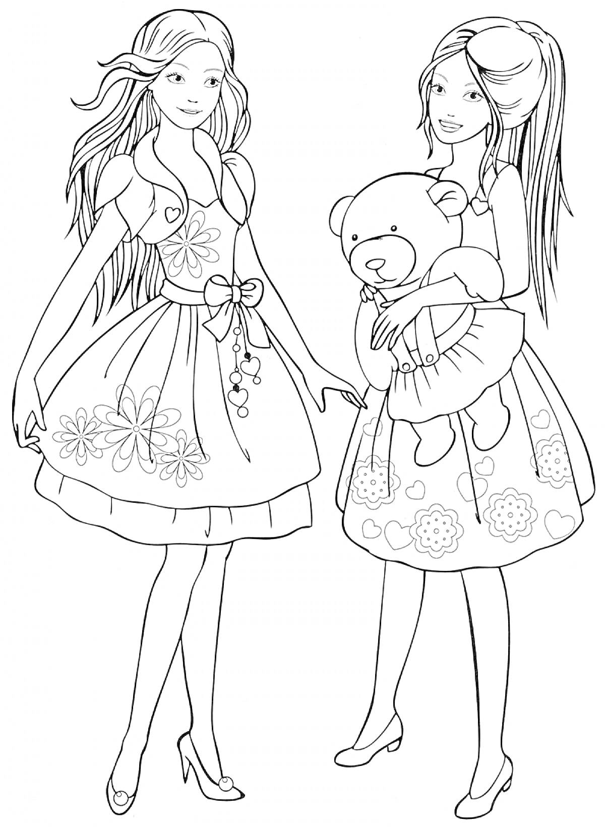 Две девочки в платьях с игрушечным медведем